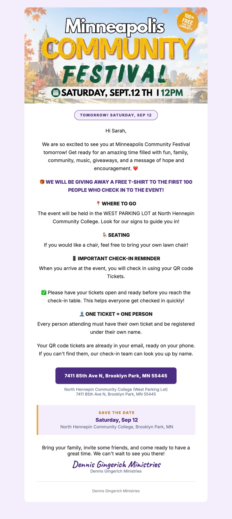 The reminder email for the Minneapolis Community Festival
